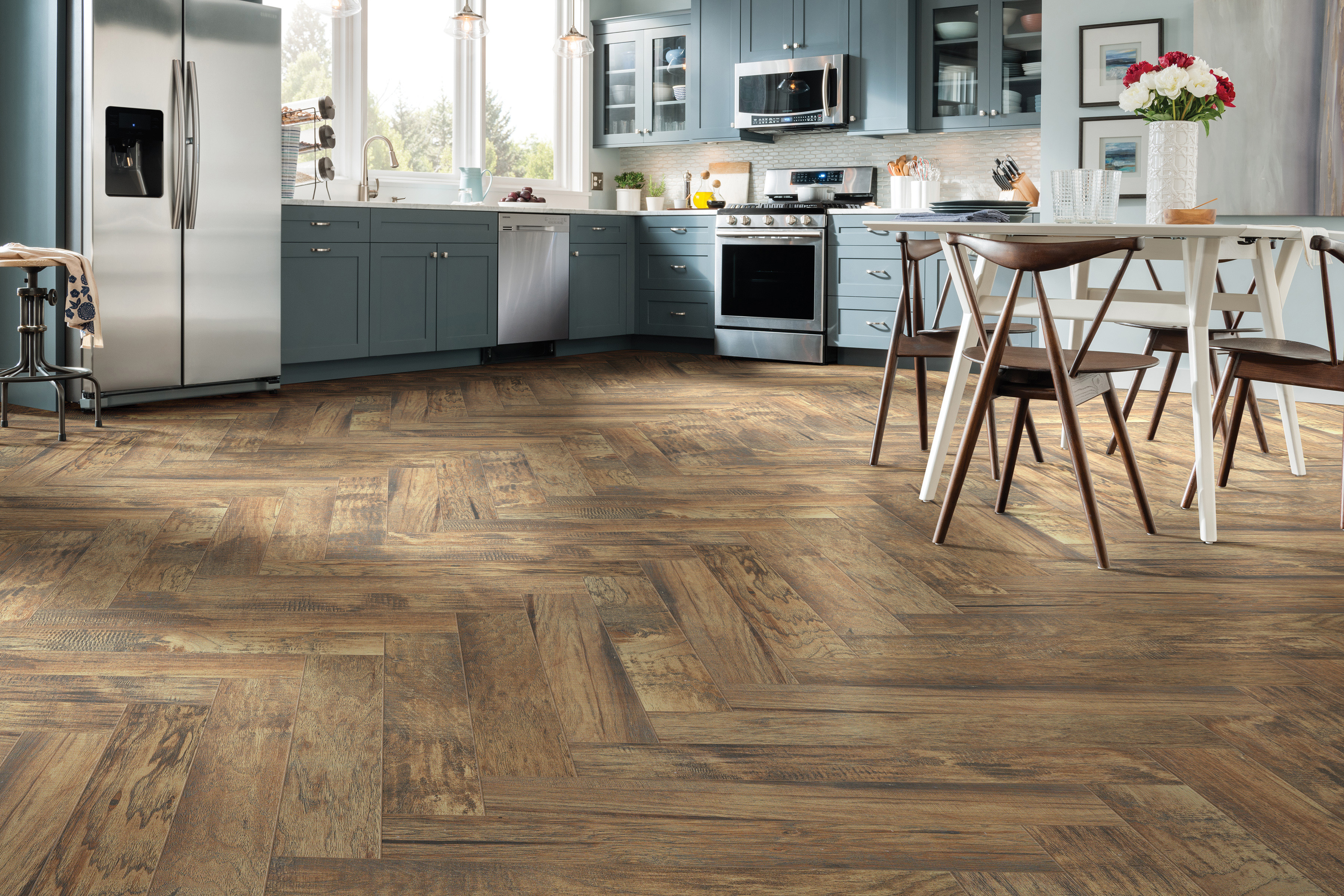 Hardwood flooring in a kitchen, installation services available