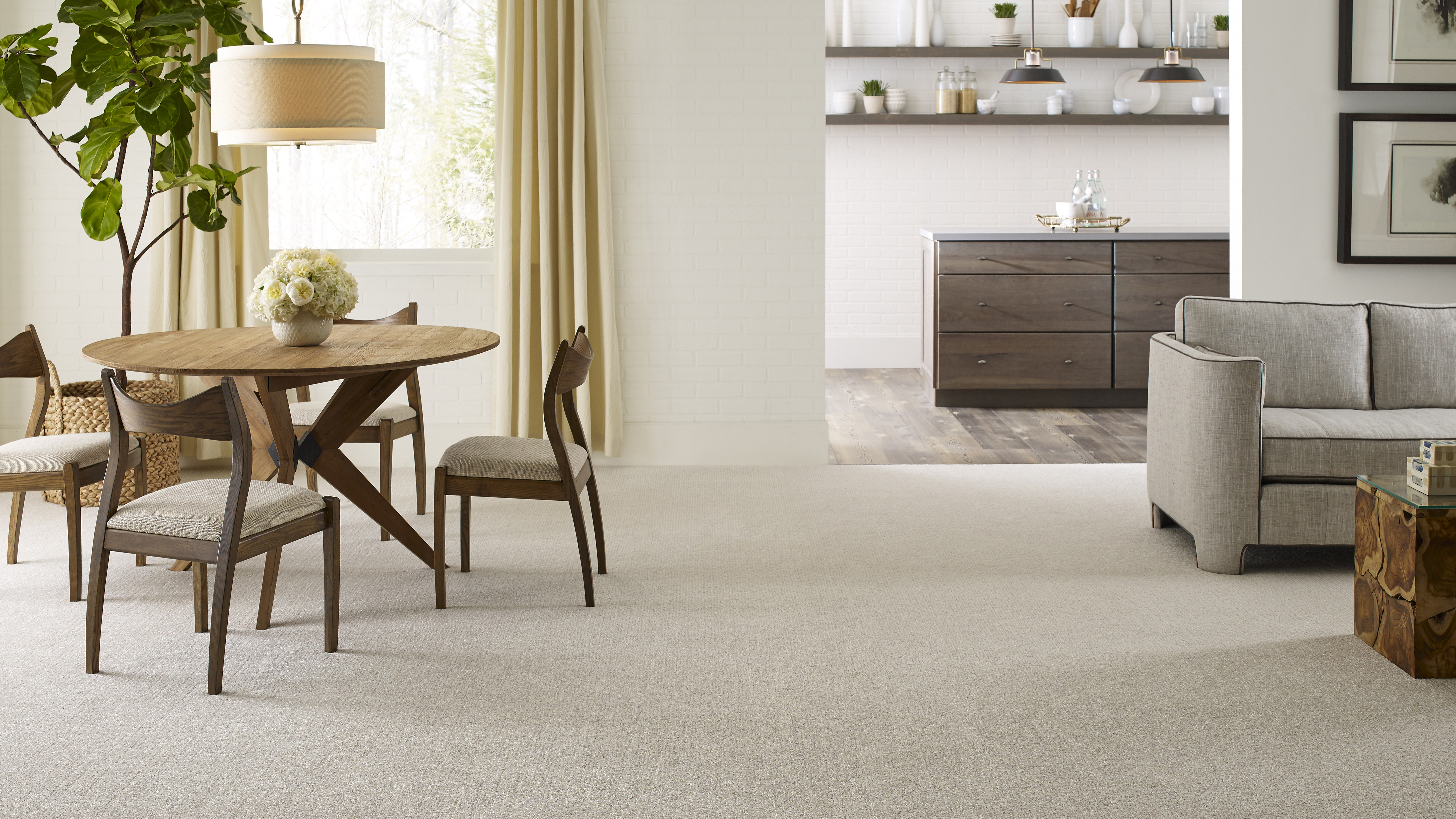 Carpet in a dining room.