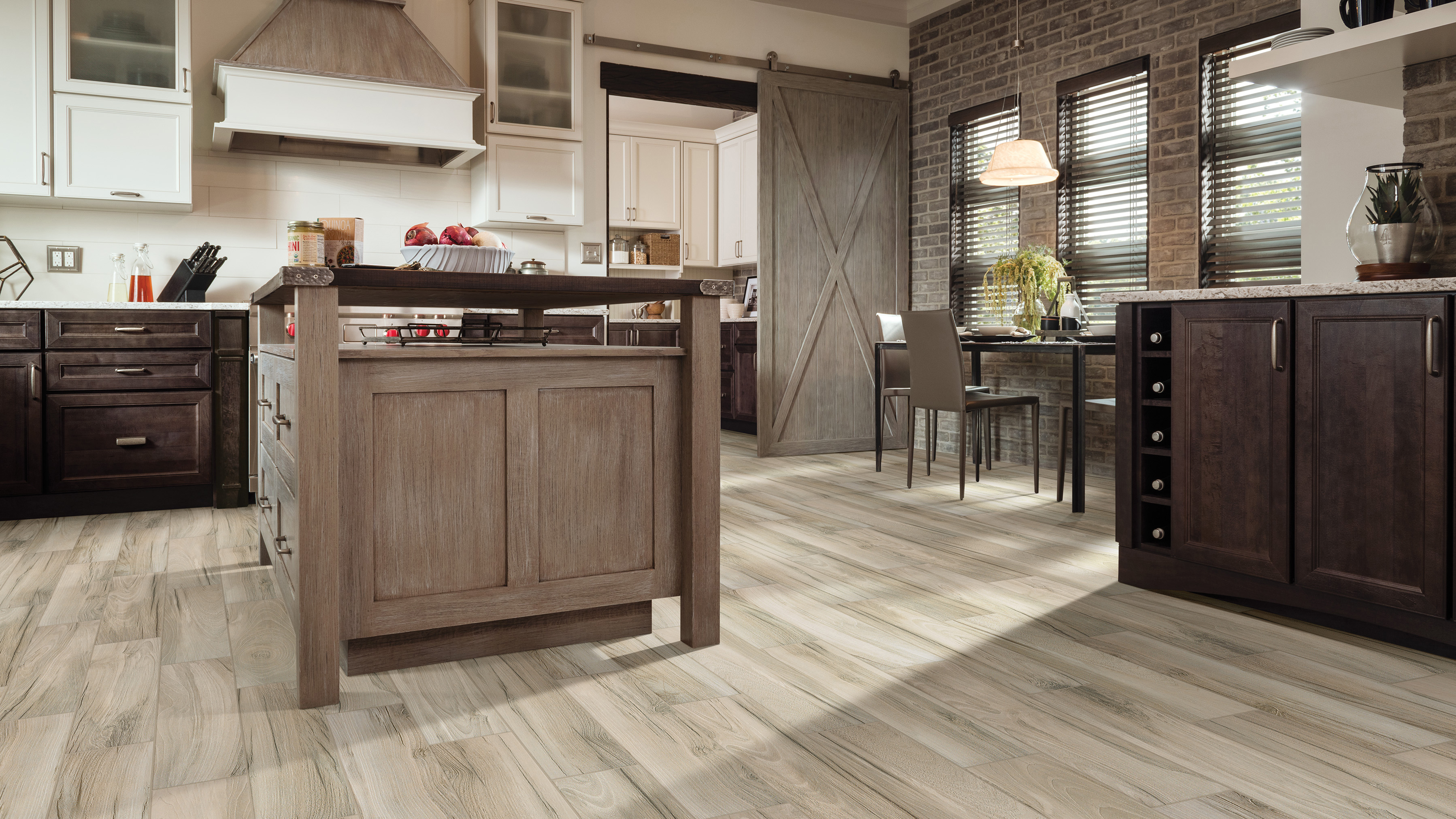 Wood-look tile flooring in a kitchen.